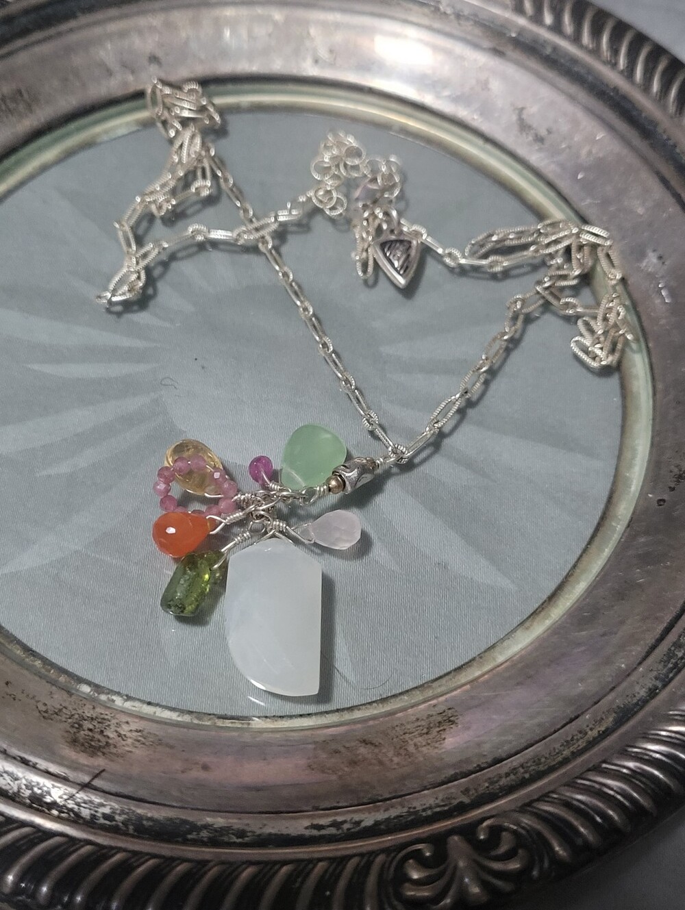 Multi-Gemstone Sterling Silver Pendant Necklace — White, Green, Pink, Orange